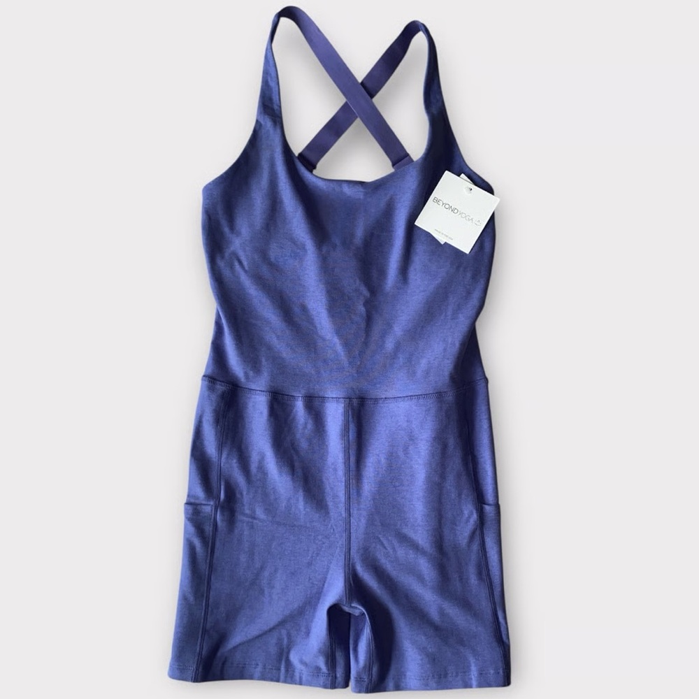 Beyond Yoga Spacedye Get Up And Go Pocket Biker Jumpsuit in Indigo Heather, sz S - Picture 2 of 6